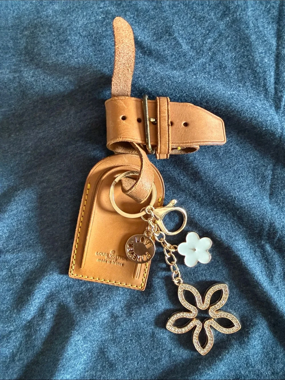 Louis Vuitton Brown Leather Luggage Tag with Floral Charms